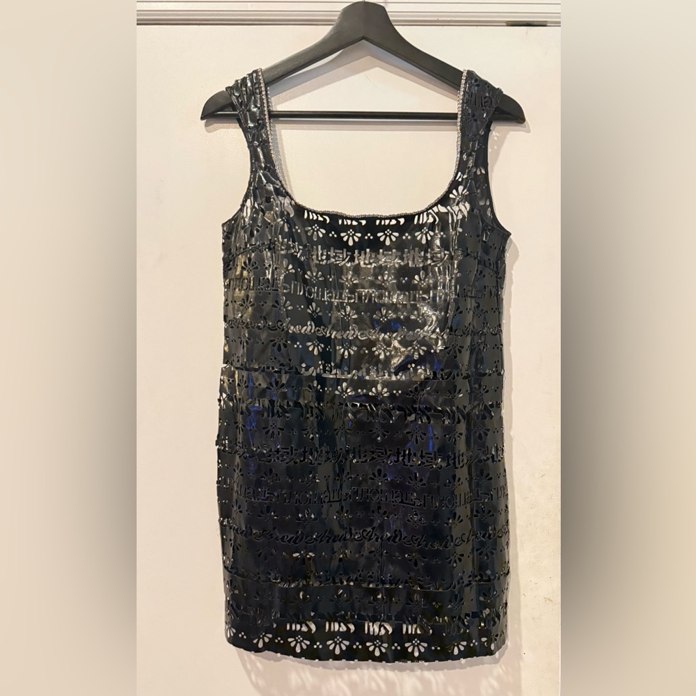 A R E A - Black laser cut leather dress with rhinestone neck